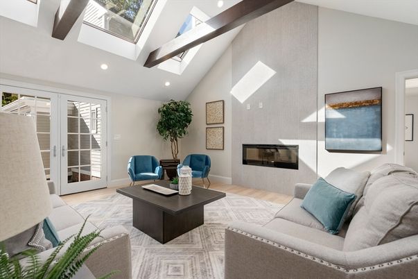 Fireplace, Interior, Living room, Recessed Lighting, Wood Texture Flooring