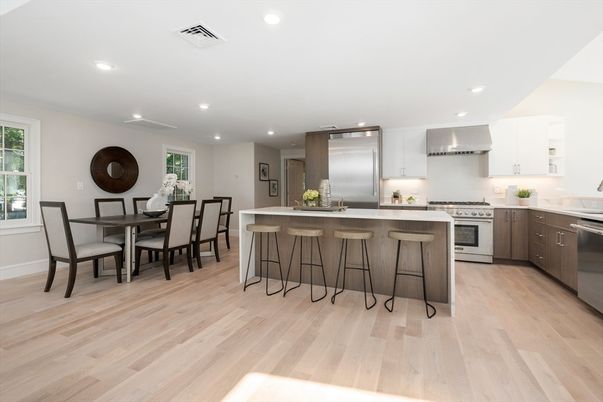 Dining room, Interior, Kitchen, Recessed Lighting, Stainless Steel Appliances, Wood Texture Flooring