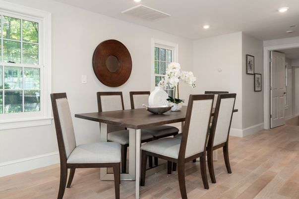 Dining room, Interior, Recessed Lighting, Wood Texture Flooring