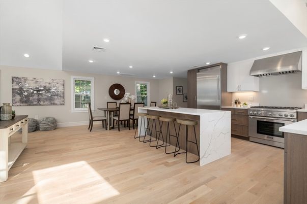 Dining room, Interior, Kitchen, Recessed Lighting, Stainless Steel Appliances, Wood Texture Flooring