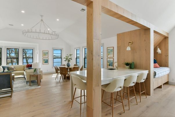 Bedroom, Chandelier, Dining room, Interior, Living room, Recessed Lighting, Wood Texture Flooring, Wooden Walls
