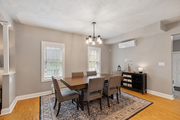 Dining room, Interior, Pendant Lights, Wood Texture Flooring