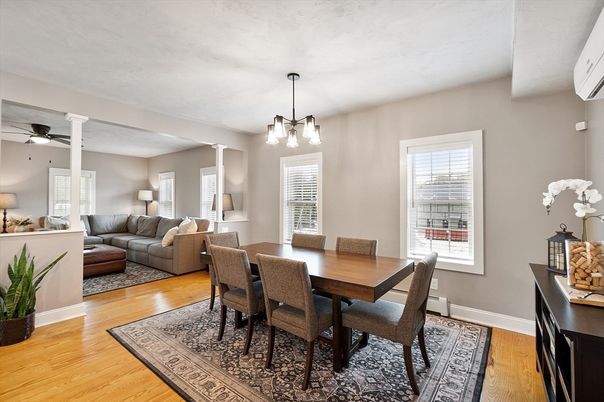 Dining room, Interior, Living room, Pendant Lights, Wood Texture Flooring