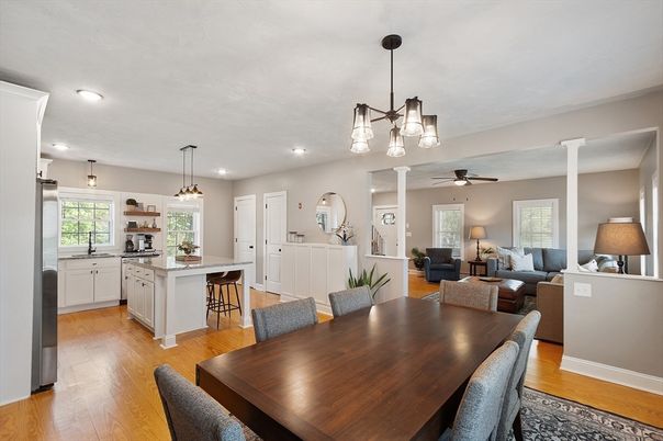 Dining room, Interior, Kitchen, Living room, Pendant Lights, Recessed Lighting, Wood Texture Flooring