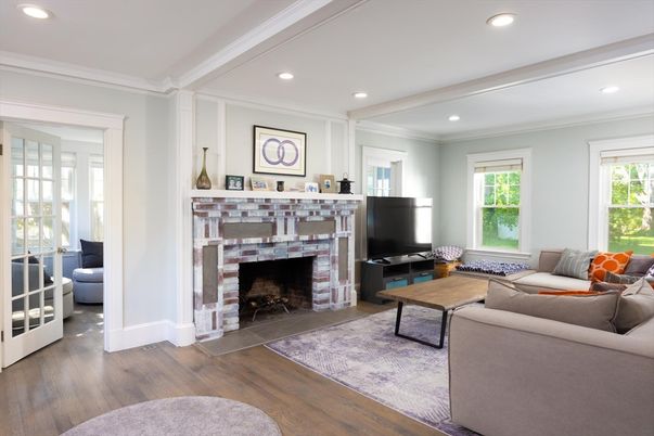 Fireplace, Interior, Living room, Recessed Lighting, Wood Texture Flooring