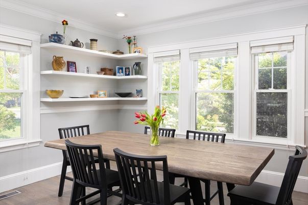 Dining room, Interior, Recessed Lighting, Wood Texture Flooring