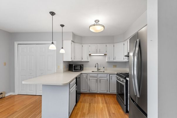 Interior, Kitchen, Pendant Lights, Stainless Steel Appliances, Wood Texture Flooring