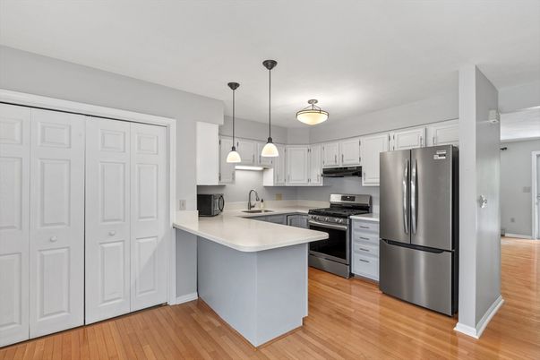 Interior, Kitchen, Pendant Lights, Stainless Steel Appliances, Wood Texture Flooring