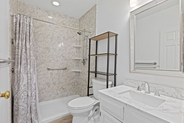 Bathroom, Glass Shower, Interior, Recessed Lighting, Wood Texture Flooring
