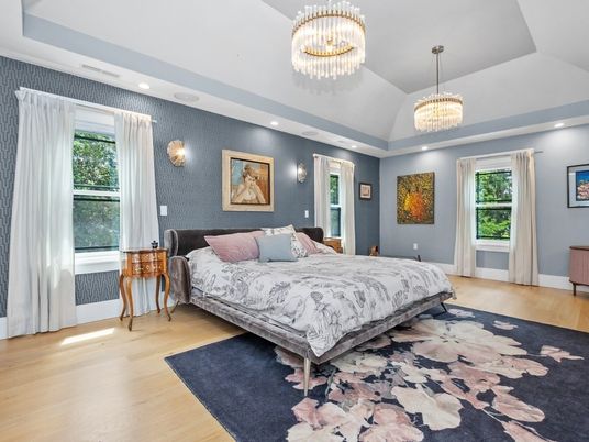 Bedroom, Chandelier, Interior, Recessed Lighting, Wood Texture Flooring