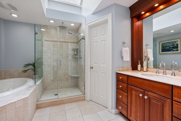 Bathroom, Dual Sink Vanities, Glass Shower, Interior, Recessed Lighting, Tile Countertops
