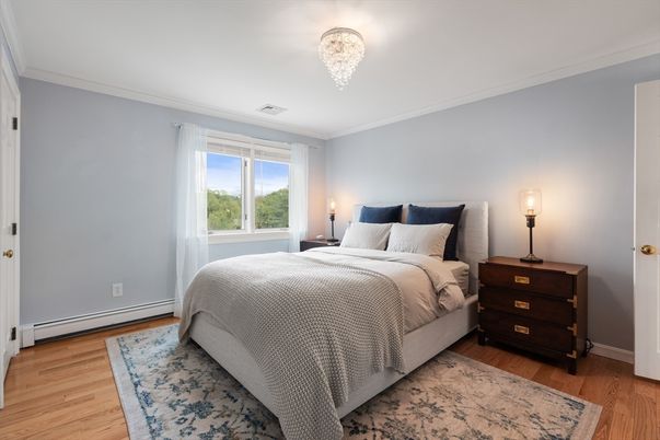 Bedroom, Chandelier, Interior, Wood Texture Flooring