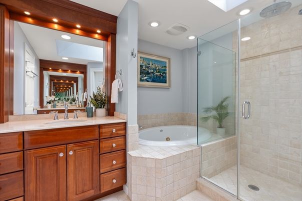 Bathroom, Dual Sink Vanities, Glass Shower, Interior, Recessed Lighting