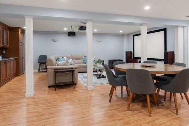 Dining room, Interior, Living room, Recessed Lighting, Wood Texture Flooring