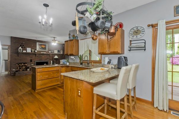 Fireplace, Interior, Kitchen, Stone Walls, Wood Texture Flooring