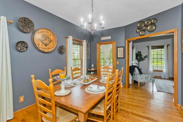 Chandelier, Dining room, Interior, Wood Texture Flooring