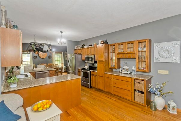 Chandelier, Interior, Kitchen, Pendant Lights, Stainless Steel Appliances, Wood Texture Flooring