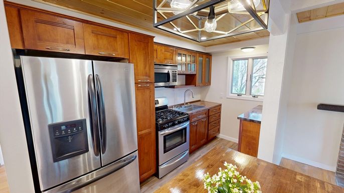 Interior, Kitchen, Stainless Steel Appliances, Wooden Ceilings, Wood Texture Flooring