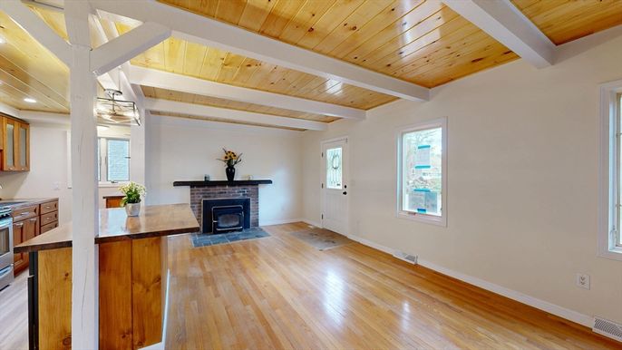 Empty room, Fireplace, Interior, Recessed Lighting, Wooden Beams, Wooden Ceilings, Wood Texture Flooring