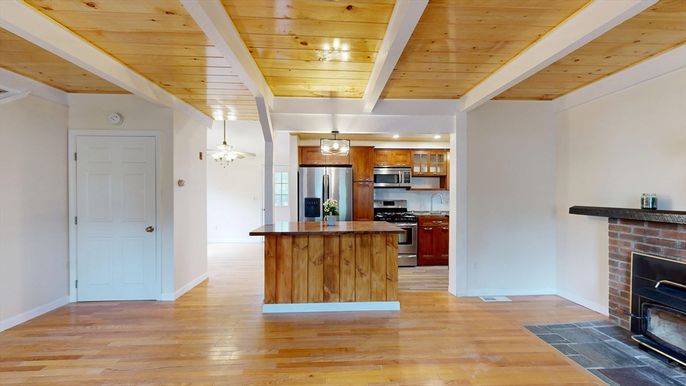 Fireplace, Interior, Kitchen, Pendant Lights, Stainless Steel Appliances, Wooden Ceilings, Wood Texture Flooring