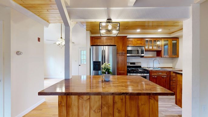 Interior, Kitchen, Recessed Lighting, Stainless Steel Appliances, Wooden Ceilings, Wood Texture Flooring
