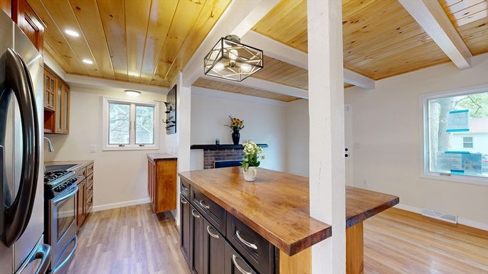 Fireplace, Interior, Kitchen, Recessed Lighting, Wooden Ceilings, Wood Texture Flooring