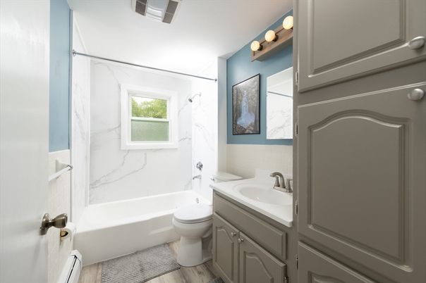 Bathroom, Interior, Marble Walls, Wood Texture Flooring