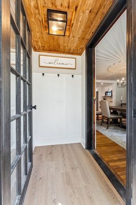 Chandelier, Dining room, Interior, Wooden Ceilings, Wood Texture Flooring
