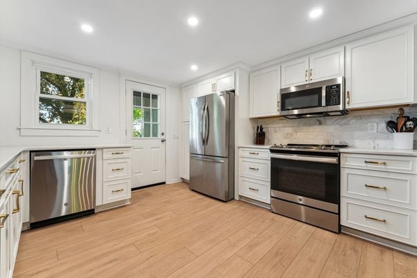 Interior, Kitchen, Recessed Lighting, Stainless Steel Appliances, Wood Texture Flooring