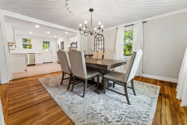 Chandelier, Dining room, Interior, Kitchen, Recessed Lighting, Wood Texture Flooring