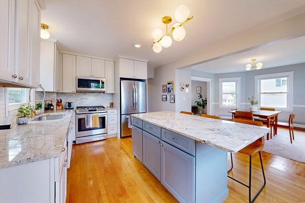 Dining room, Interior, Kitchen, Recessed Lighting, Stainless Steel Appliances, Wood Texture Flooring