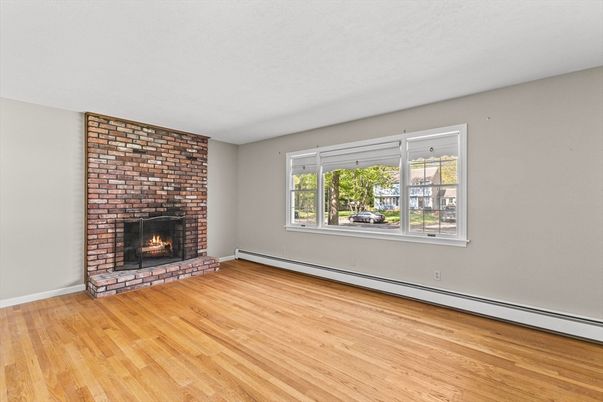 Empty room, Fireplace, Interior, Stone Walls, Wood Texture Flooring