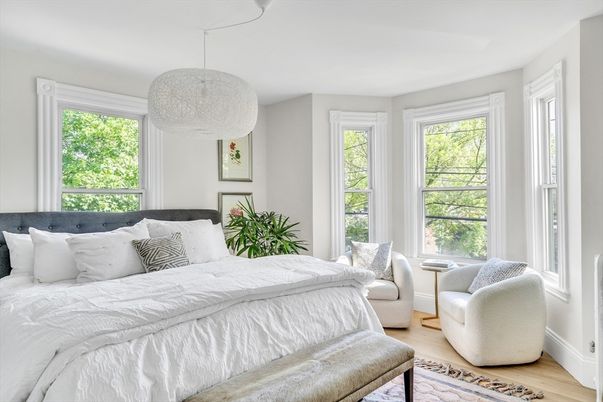 Bedroom, Interior, Pendant Lights, Wood Texture Flooring