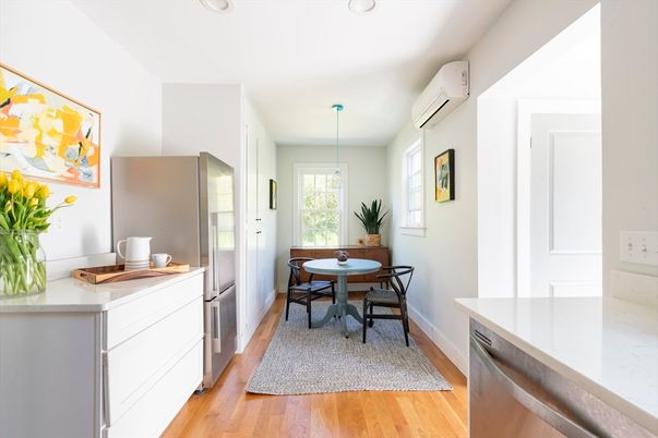 Dining room, Interior, Pendant Lights, Recessed Lighting, Wood Texture Flooring