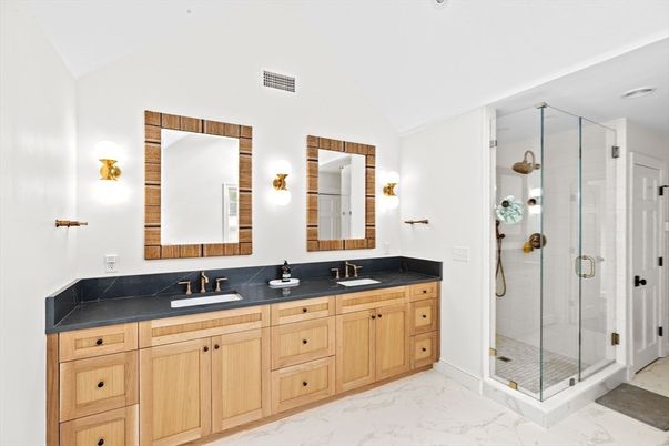 Bathroom, Dual Sink Vanities, Glass Shower, Interior, Marble