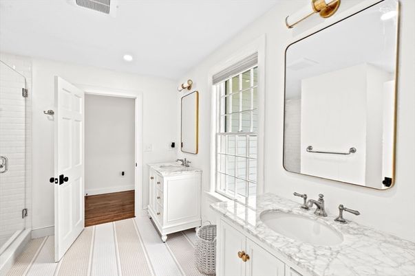 Bathroom, Dual Sink Vanities, Interior, Recessed Lighting, Wood Texture Flooring