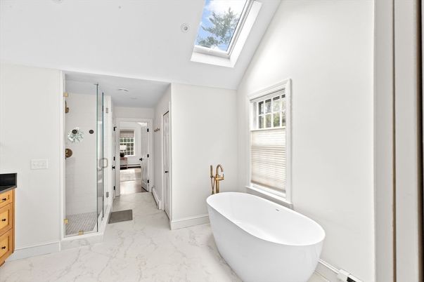 Bathroom, Free Standing Baths, Glass Shower, Interior, Marble, Recessed Lighting