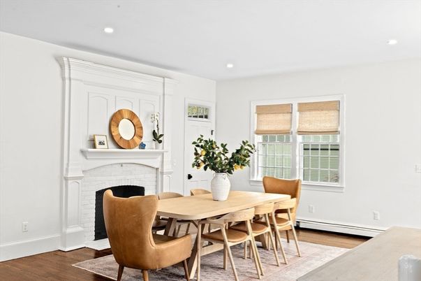 Dining room, Fireplace, Interior, Recessed Lighting, Wood Texture Flooring