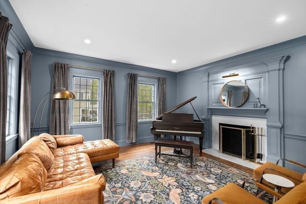 Fireplace, Interior, Living room, Piano, Recessed Lighting, Wood Texture Flooring