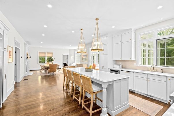 Dining room, Interior, Kitchen, Pendant Lights, Recessed Lighting, Stainless Steel Appliances, Wood Texture Flooring