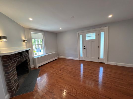 Empty room, Fireplace, Interior, Recessed Lighting, Wood Texture Flooring