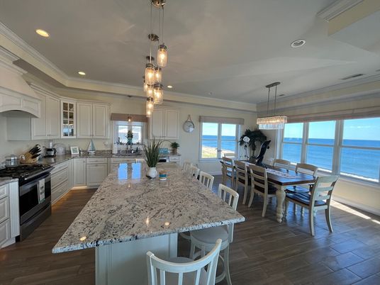 Chandelier, Dining room, Interior, Kitchen, Pendant Lights, Recessed Lighting, Water, Wood Texture Flooring