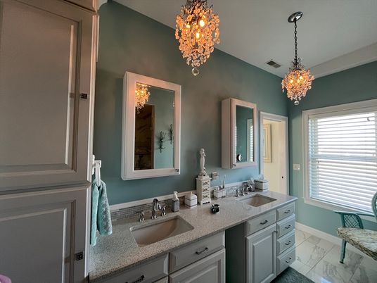 Bathroom, Chandelier, Dual Sink Vanities, Interior, Marble, Pendant Lights