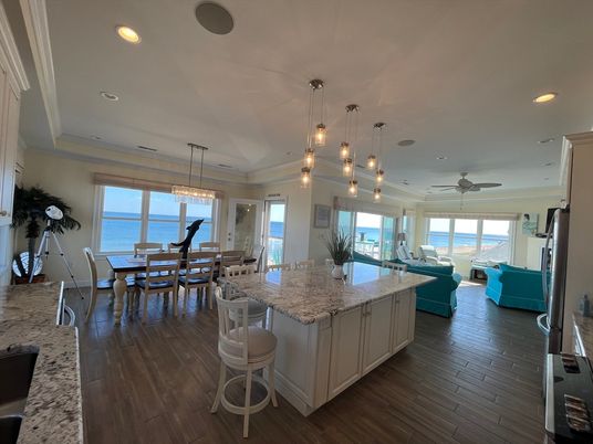 Dining room, Interior, Kitchen, Living room, Pendant Lights, Recessed Lighting, Water, Wood Texture Flooring