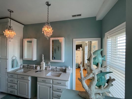 Bathroom, Chandelier, Dual Sink Vanities, Interior, Pendant Lights