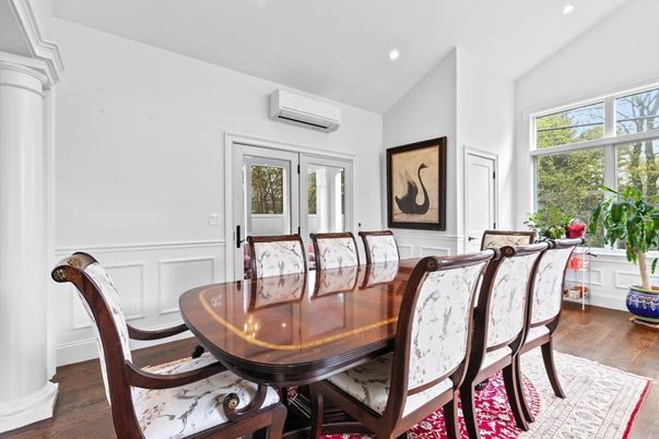 Dining room, Interior, Recessed Lighting, Wood Texture Flooring