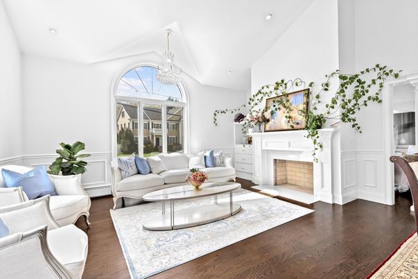 Chandelier, Fireplace, Interior, Living room, Recessed Lighting, Wood Texture Flooring