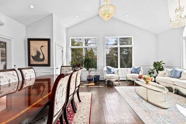 Dining room, Interior, Living room, Pendant Lights, Recessed Lighting, Wood Texture Flooring