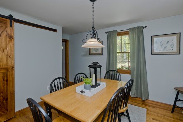 Dining room, Interior, Pendant Lights, Wood Texture Flooring