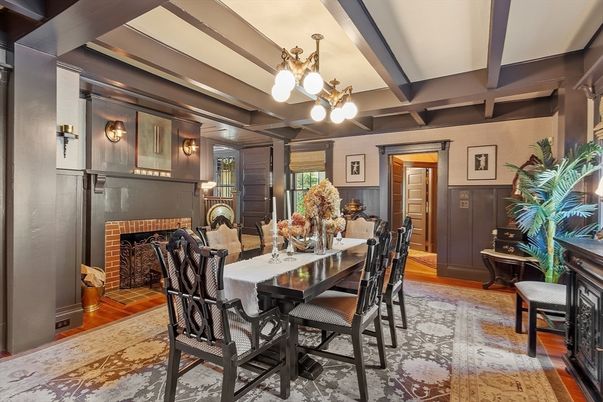 Dining room, Fireplace, Interior, Wood Texture Flooring